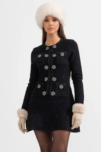 ELISA | LONG SLEEVE KNEE-LENGTH KNITTED DRESS - BLACK