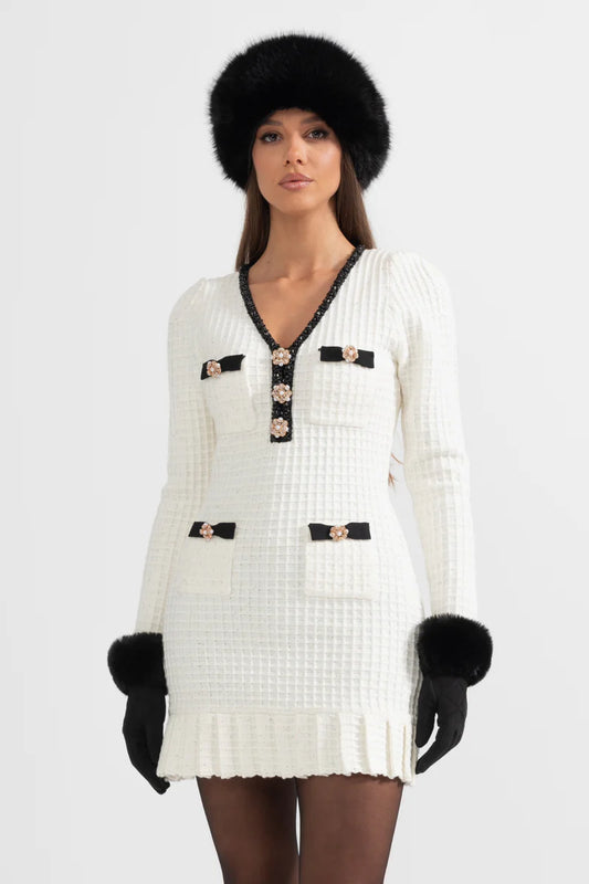 ELISA | TEXTURED PATTERN KNIT DRESS - BEIGE