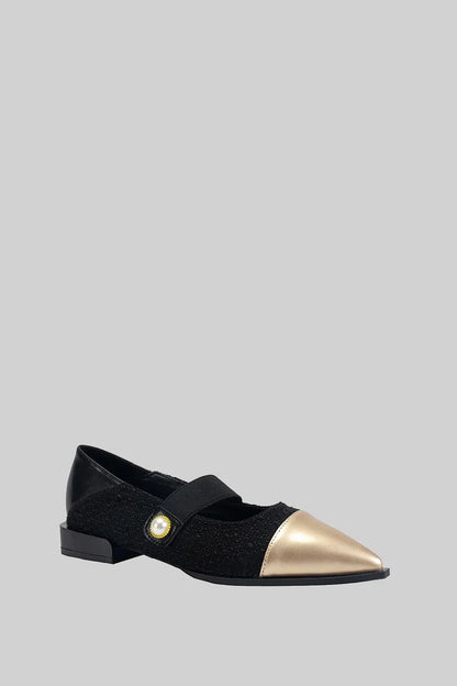 ELISA | POINTED TOE FLAT SHOE WITH PEARL ACCENT - BLACK