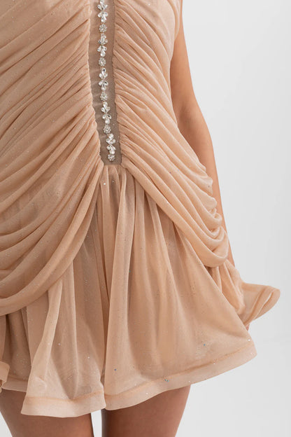 ELISA | SLEEVELESS HALTER DRESS WITH PEARL ACCENTS - BEIGE