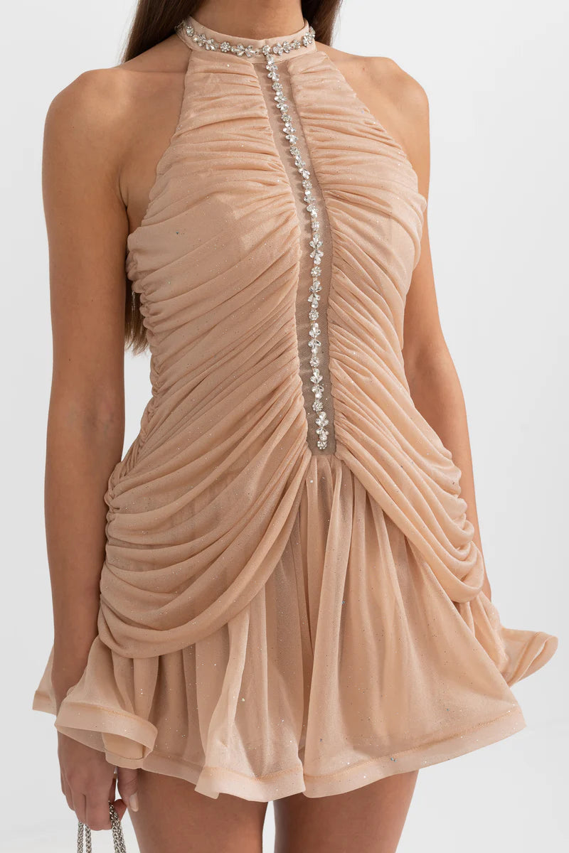 ELISA | SLEEVELESS HALTER DRESS WITH PEARL ACCENTS - BEIGE