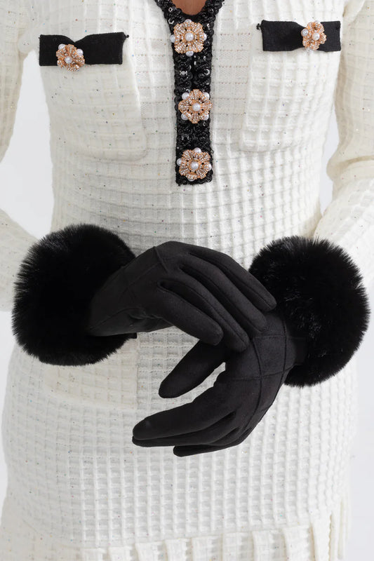 ELISA | SUEDE QUILTED GLOVES WITH FUR - BLACK