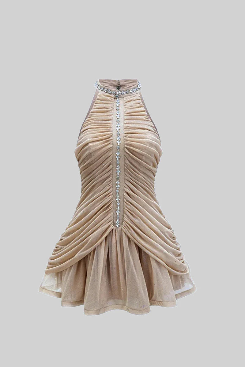 ELISA | SLEEVELESS HALTER DRESS WITH PEARL ACCENTS - BEIGE